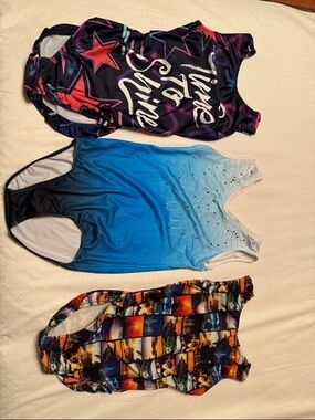 Lot of 3 Girls' Leotards - Star Graphic, Ombre Blue, Sunset Print